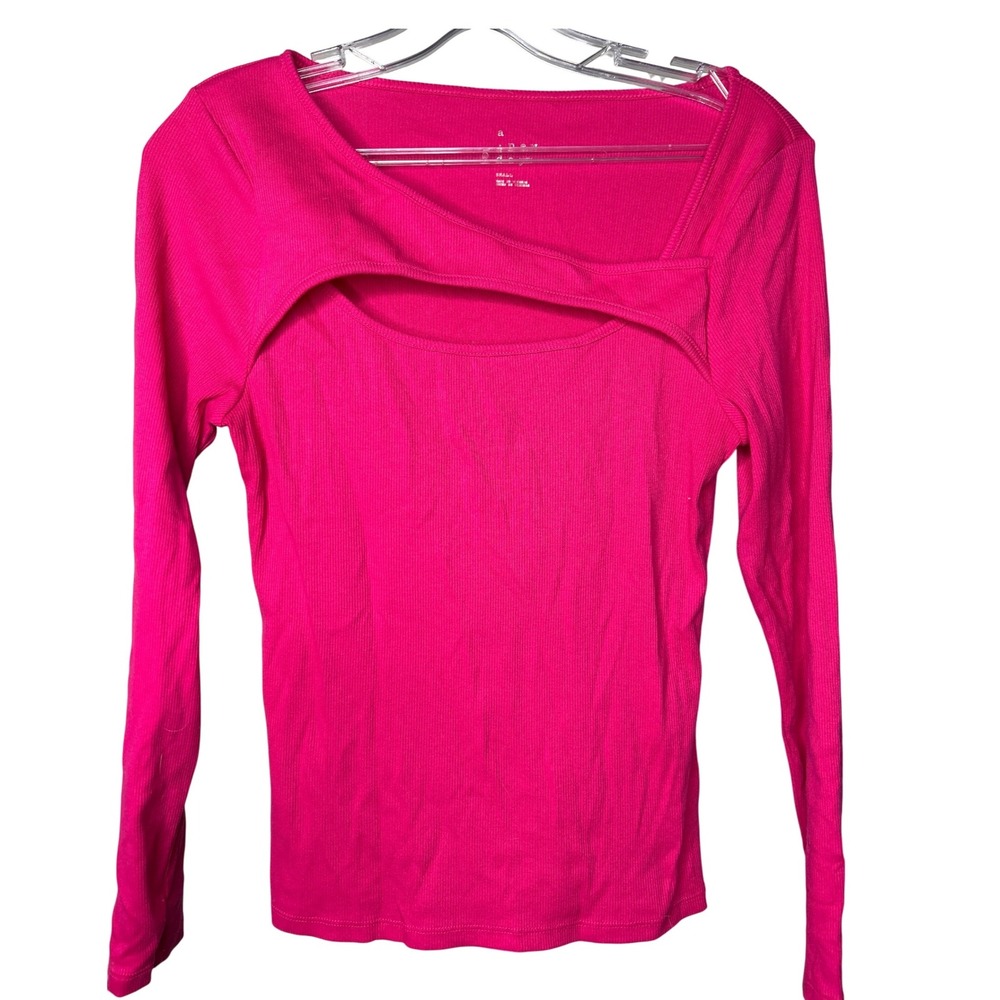 A New Day Women's Ribbed Cutout Square Neck Long Sleeve Top Pink Small